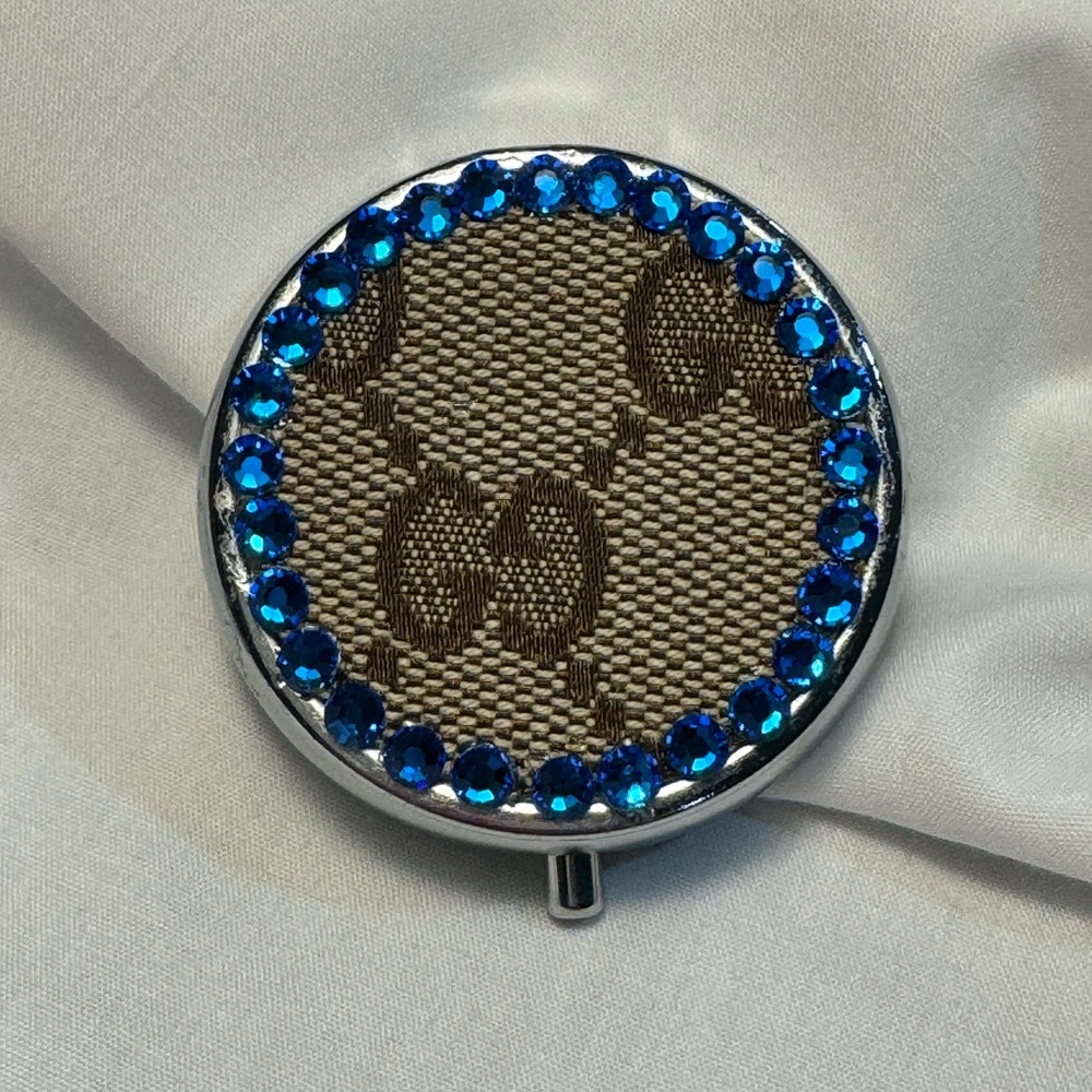 Repurposed Gucci bag made into a pill/earring case with crystal rhinesto…